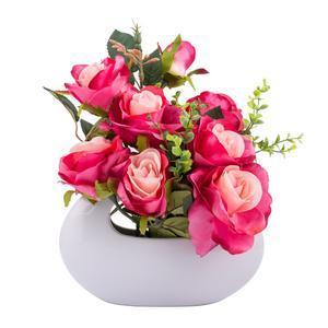 Composition de roses artificielles - Tissu et porcelaine - 33 x 23 x H 30 cm - Blanc, rose et vert