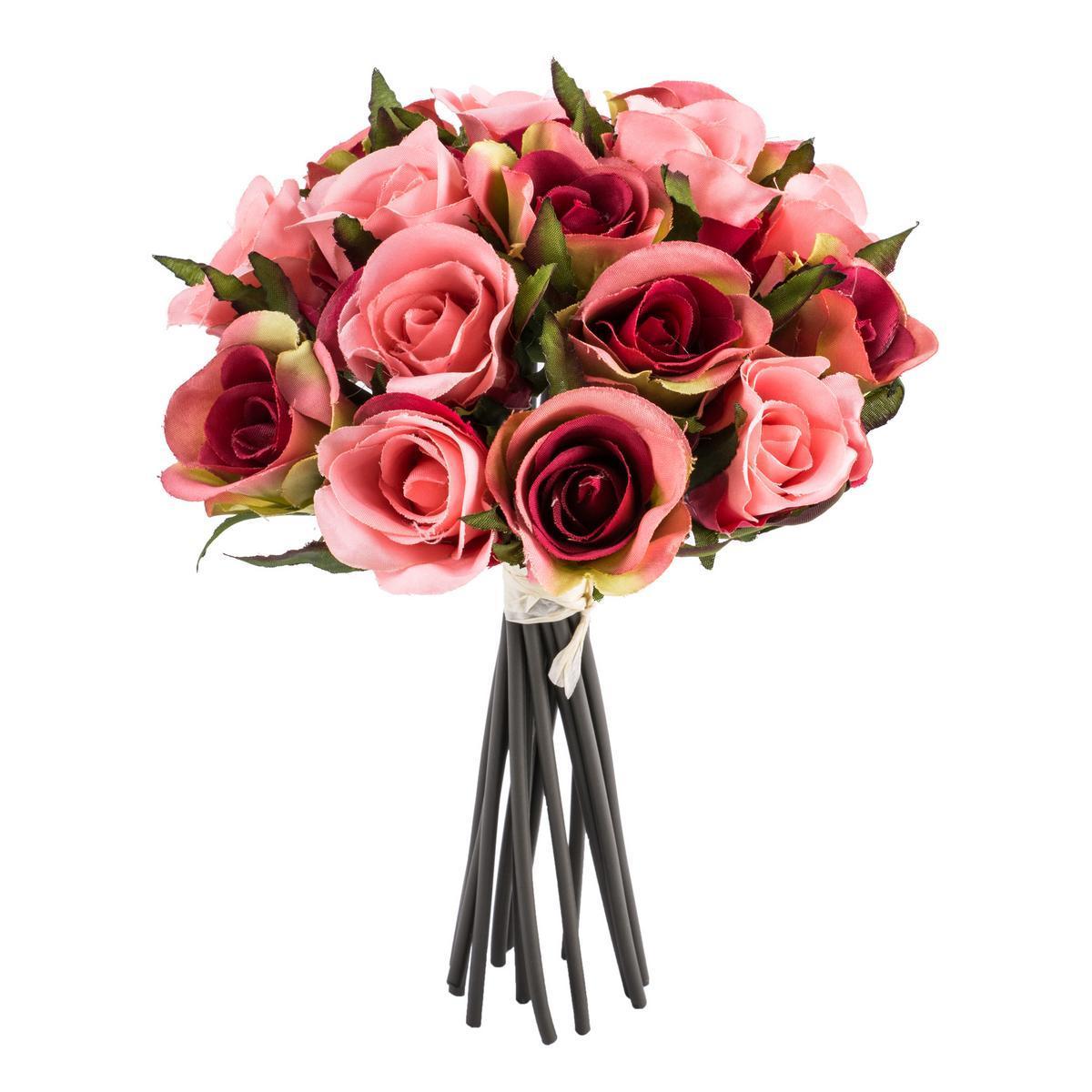 Bouquet de roses artificielles - Plastique et tissu - H de 20 à 23 cm - Fuchsia, blanc et rose