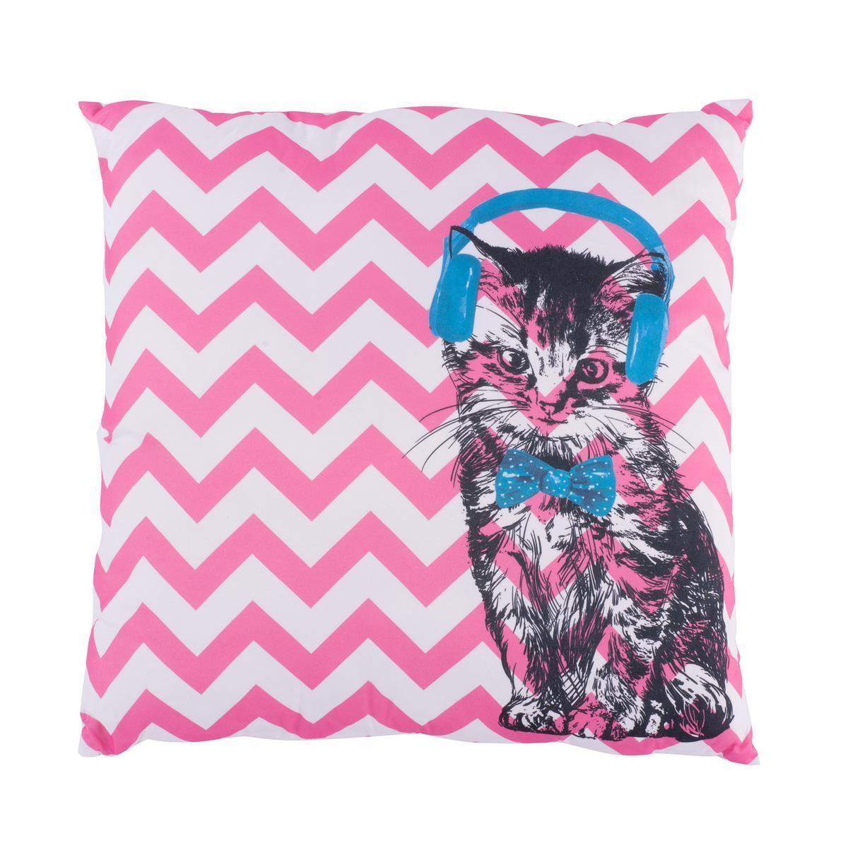 Coussin décor chat - 100 % polyester - 45 x 45 cm - Rose ou bleu