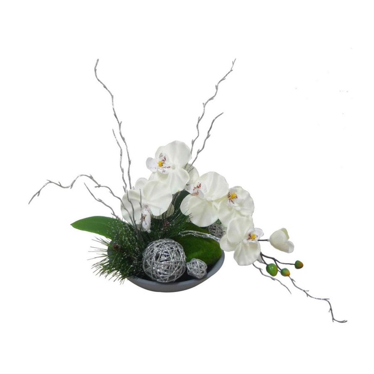 Composition d'orchidées en coupe - Plastique - Ø 30 x H 30 cm - Blanc, gris et vert