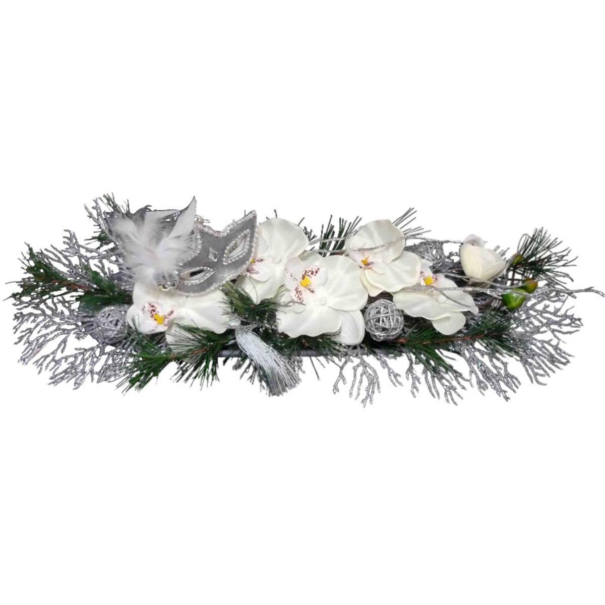 Centre de table orchidées blanches - Plastique - 50 x H 15 cm - Blanc et gris