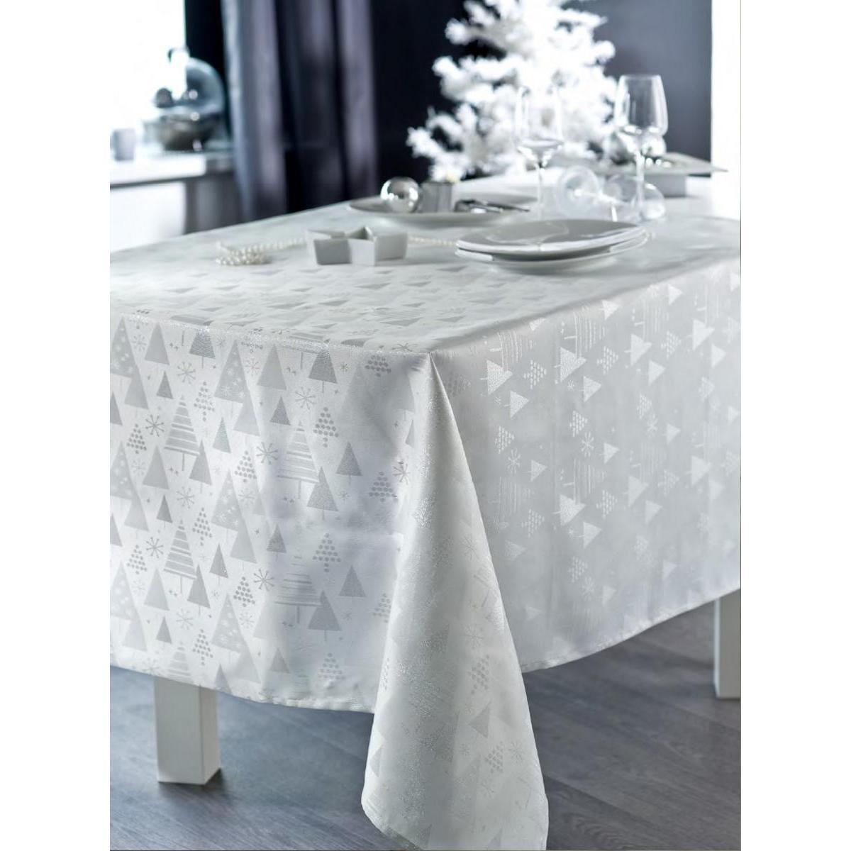 Nappe broderies sapins - 100 % polyester - 150 x 250 cm - Blanc