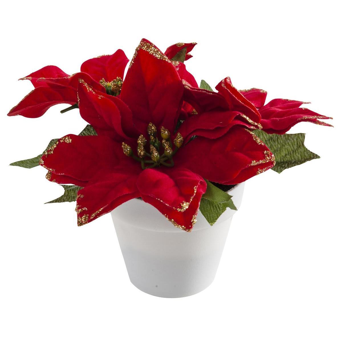 Composition de poinsettia - Plastique et polyester - Ø 7,5 x H 14 cm - Rouge ou blanc