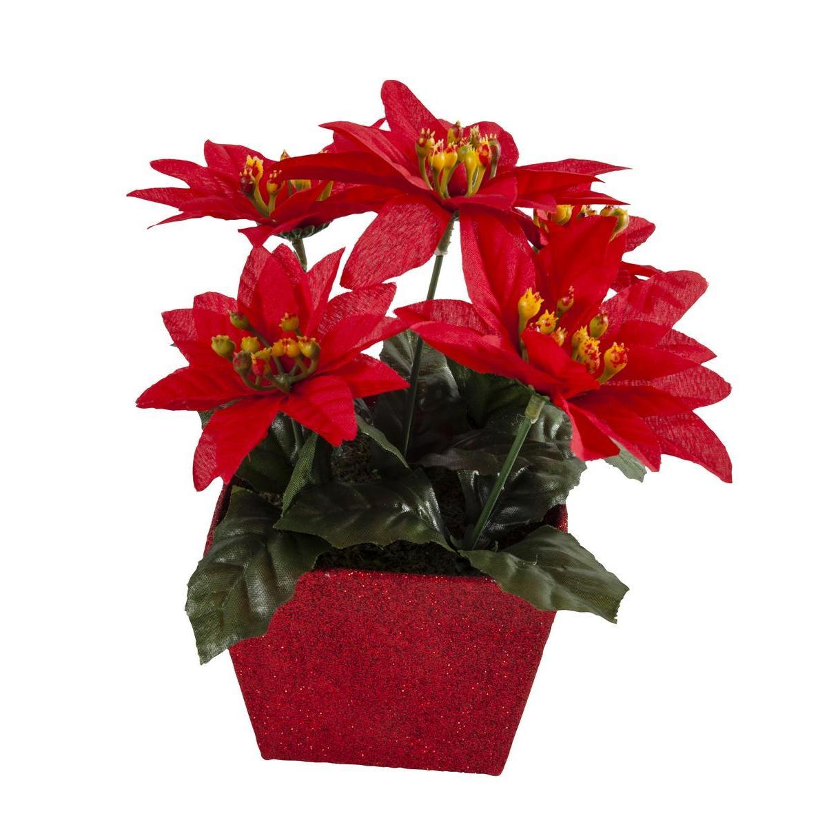 Poinsettia en pot - Plastique et polyester - 10 x 10 x H 22 cm - Rouge ou blanc