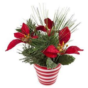 Poinsettia en pot - Plastique et polyester - Ø 8 x H 23 cm - Rouge ou blanc