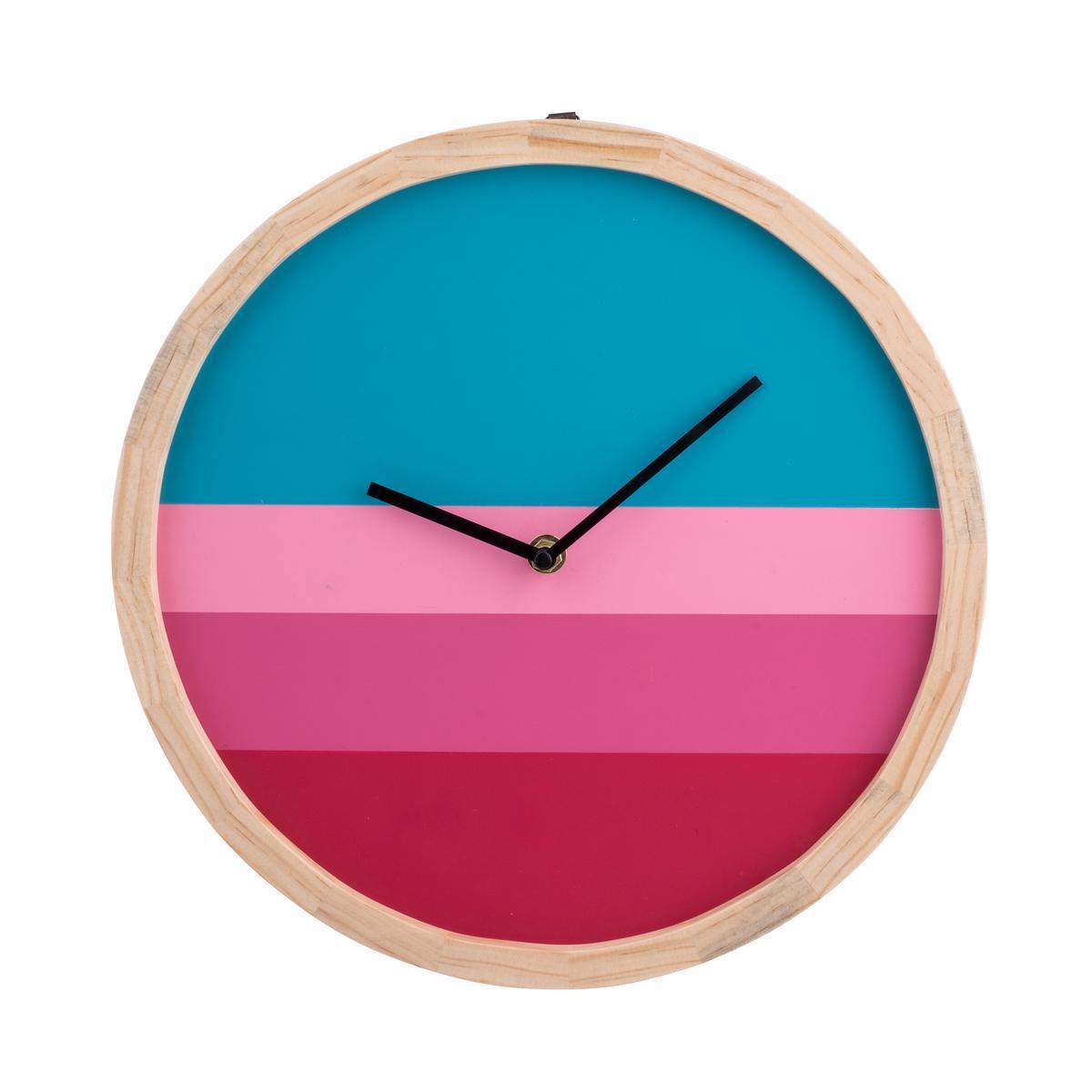 Horloge - Pin et mdf - Ø 30 cm - Rouge, rose et bleu