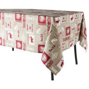 Nappe Noël - 100 % coton - 150 x 200 cm - Taupe, rouge et blanc