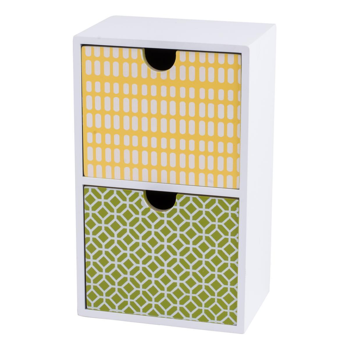 Module déco 2 tiroirs Graphique - Mdf - 11 x 9 x H 21,7 cm - Blanc, jaune et vert