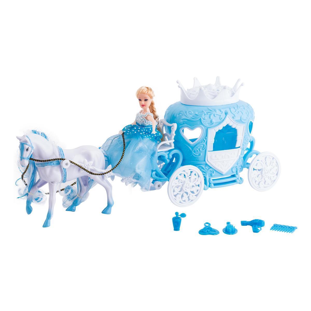 Poupée + Carrosse et accessoires - Plastique - 42 x 12 x 23 cm - Bleu