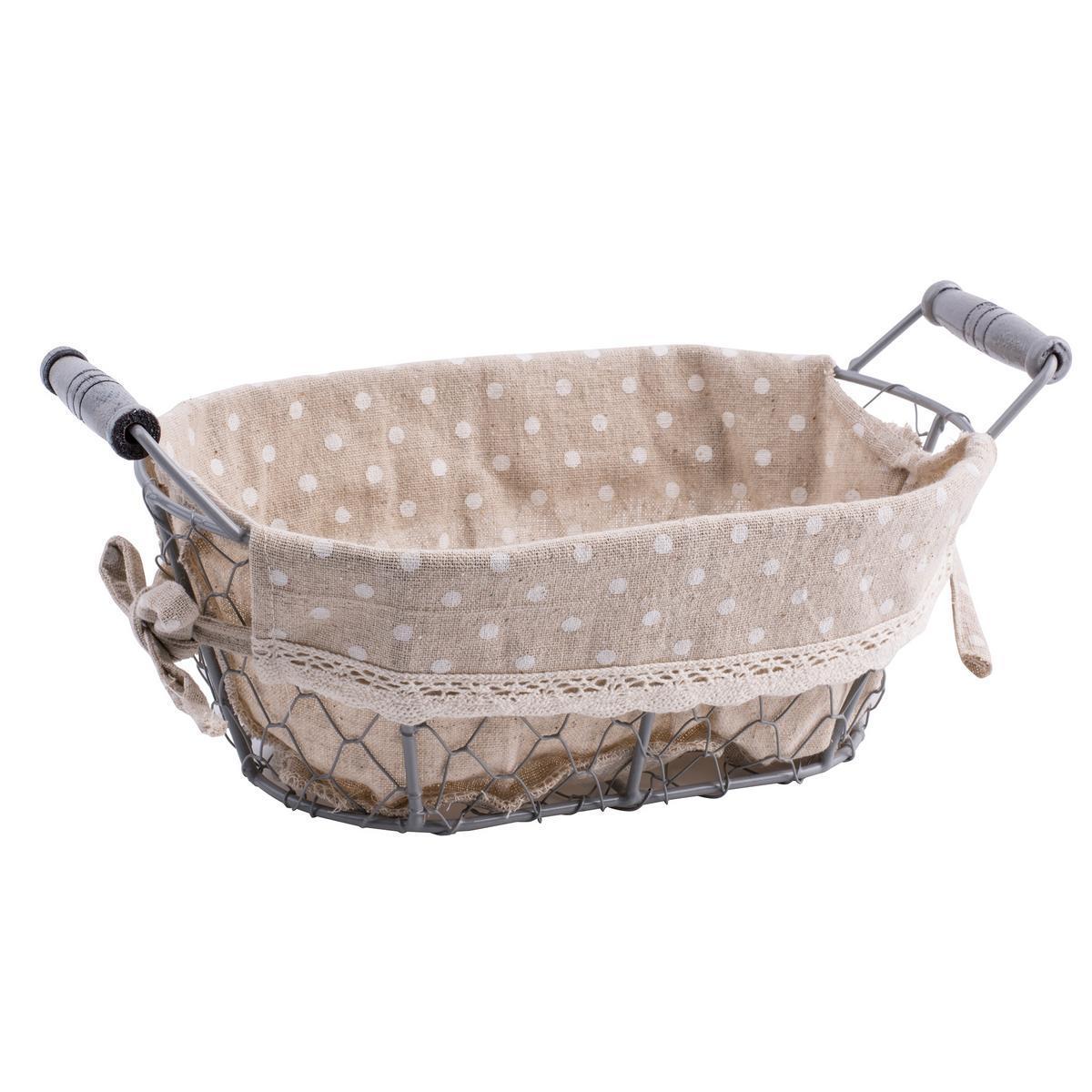 Panier charme - Acier et polyester - 26 x 17 x H 13 cm - Gris et beige