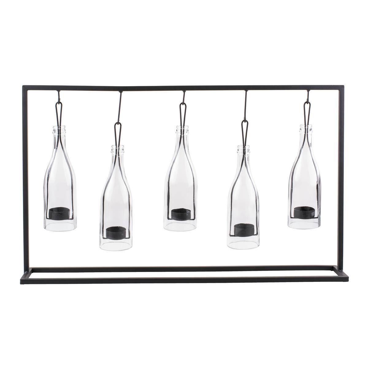 Photophore 5 lampions - Métal et verre - 67 x 40 cm - Noir