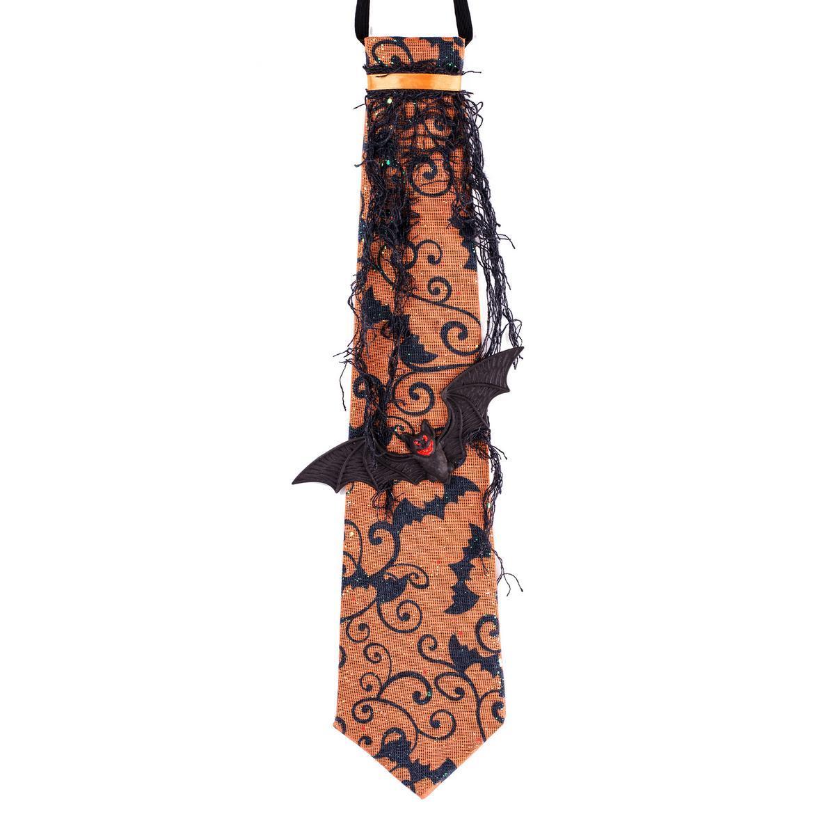 Cravate Halloween - 1,5 x 11 x H 65 cm - Tissu, plastique et papier - Noir