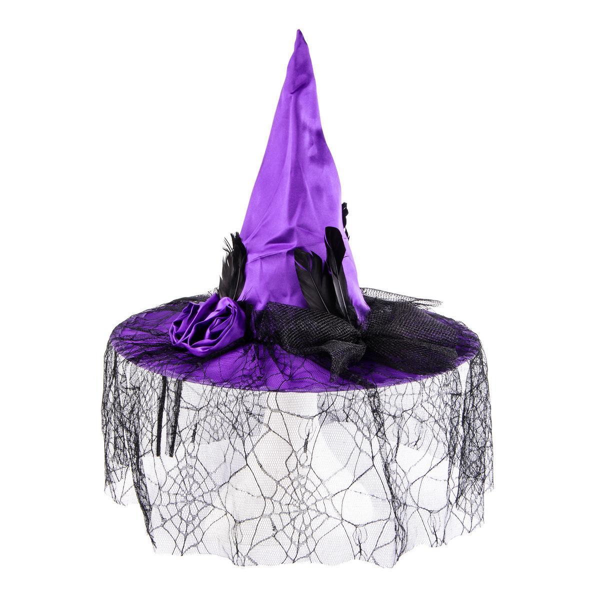 Chapeau de sorcière avec voilage - 100 % Polyester - Ø 46 x H 35,5 cm - Noir ou violet