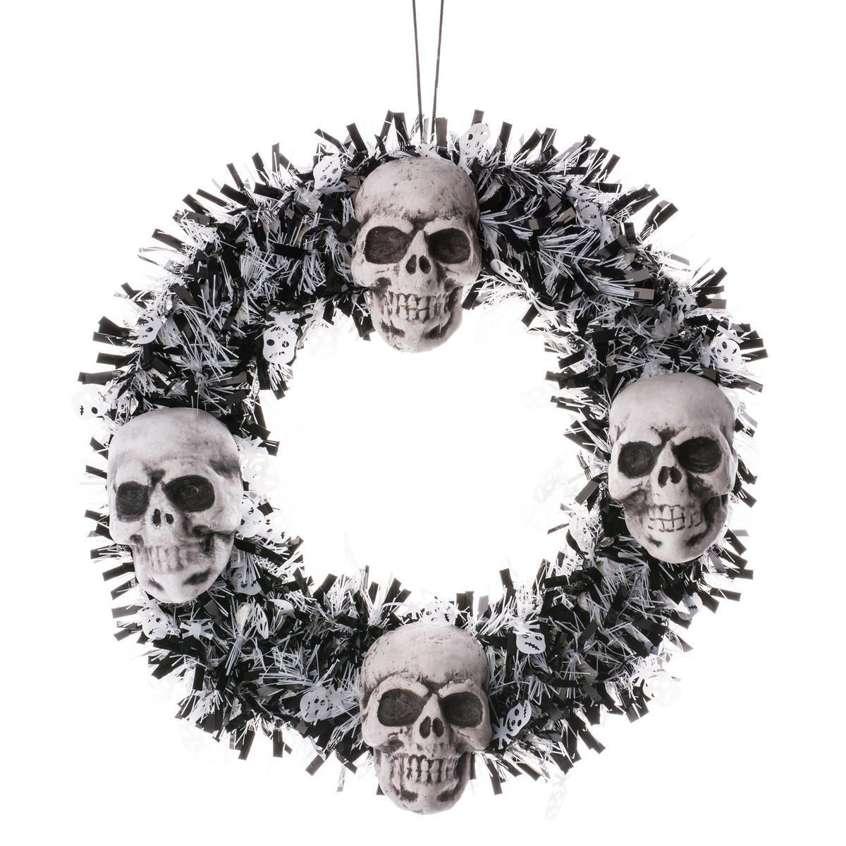 Couronne décorative tête de mort - Polyester et plastique - Ø 40 cm - Noir et blanc