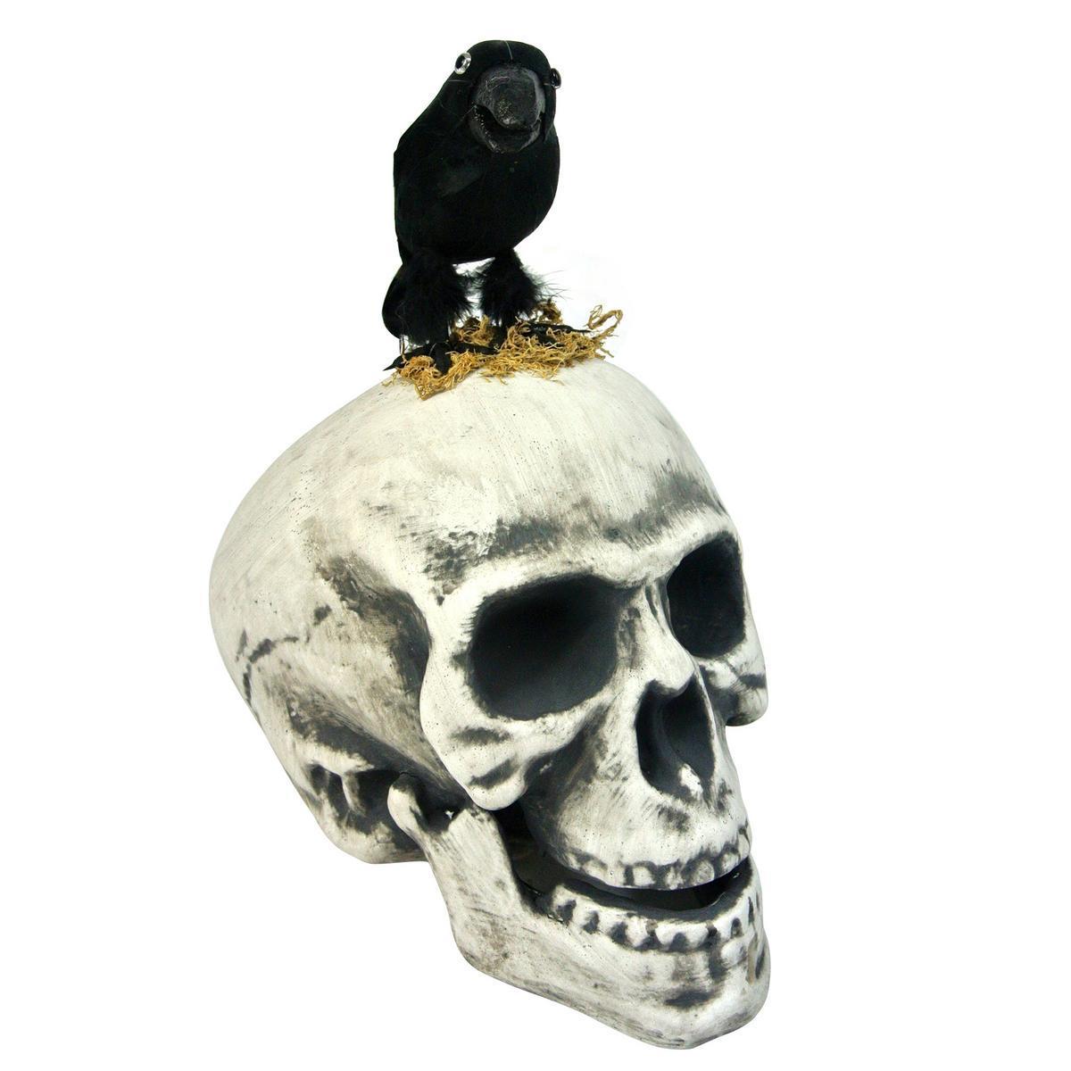Décoration tête de mort avec corbeau - Polystyrène - 15 x H 25 cm - Blanc et noir