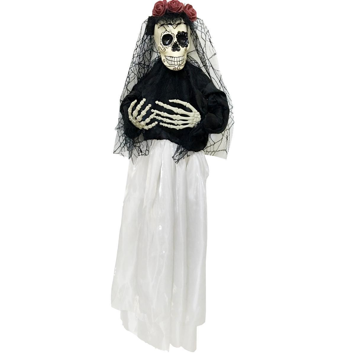 Décoration squelette Halloween - Polyester et plastique - 10 x 60 x H 90 cm - Noir et blanc