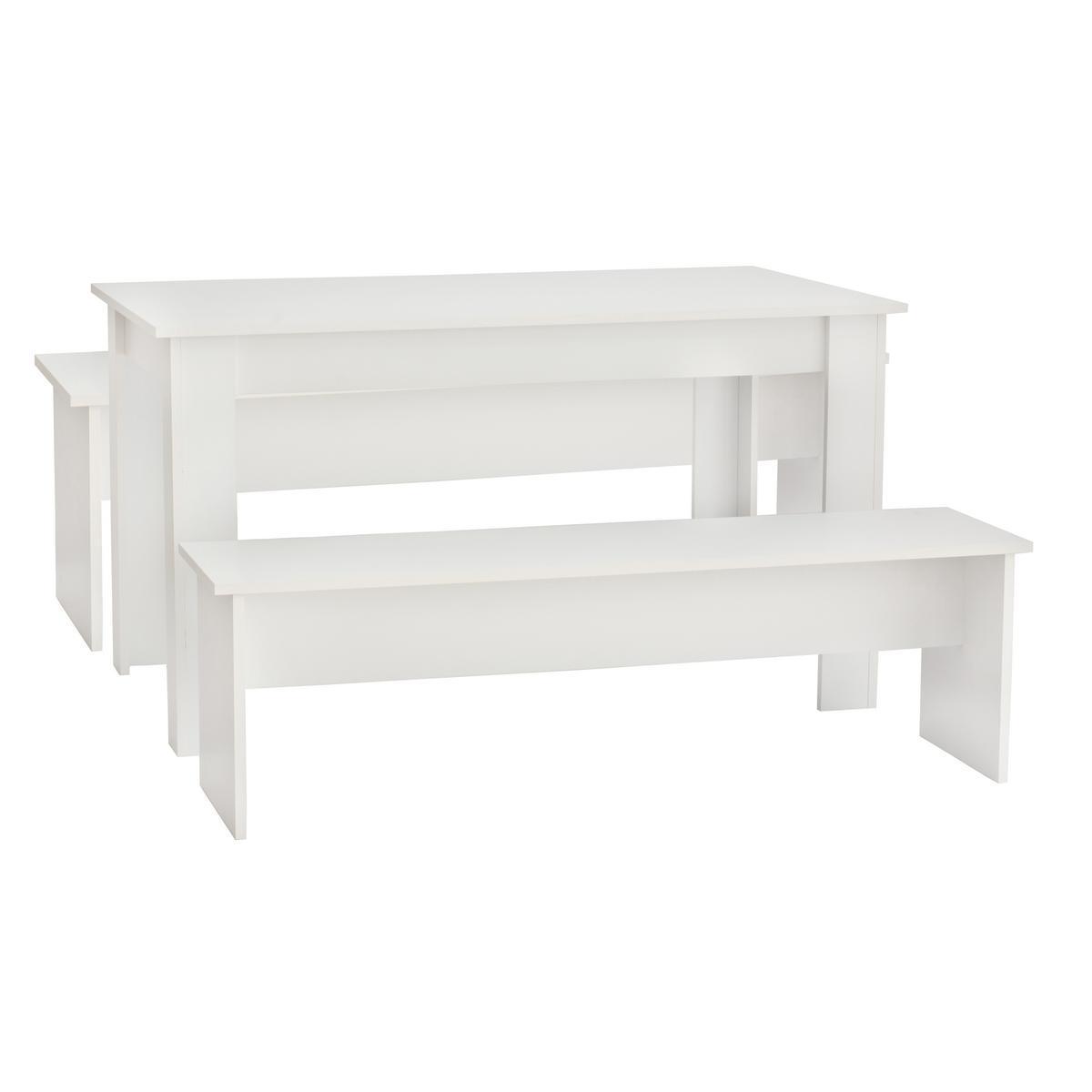 Ensemble 2 bancs et table à manger - Panneaux de particules - 145 x 81,5 x 6,4 cm - Blanc