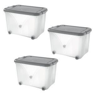 3 boîtes de rangement - Plastique - 58,5 x 38,5 x H 38 cm - Transparent et gris