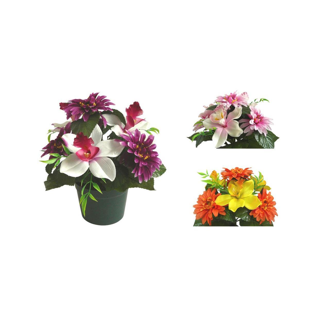 Potée de marguerites et orchidées - Plastique - Ø 12 x H 27 cm - Multicolore