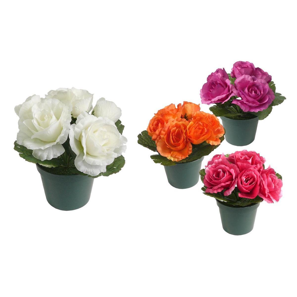 Potée de roses - Plastique - Ø 9,5 x H 19 cm - Blanc, orange, rose ou rouge