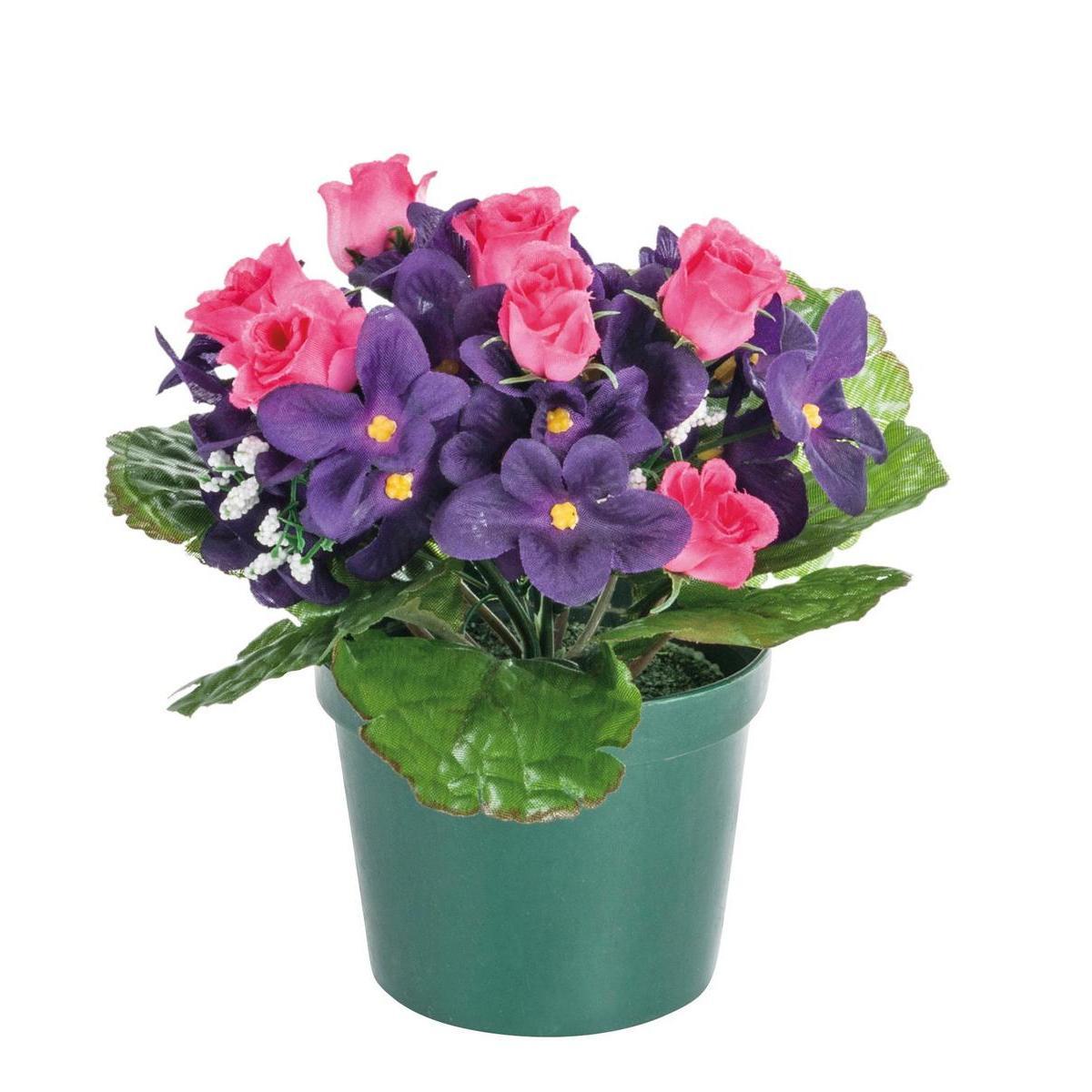 Potée de violettes et rosettes - Plastique - Ø 10 x H 18 cm - Différents coloris