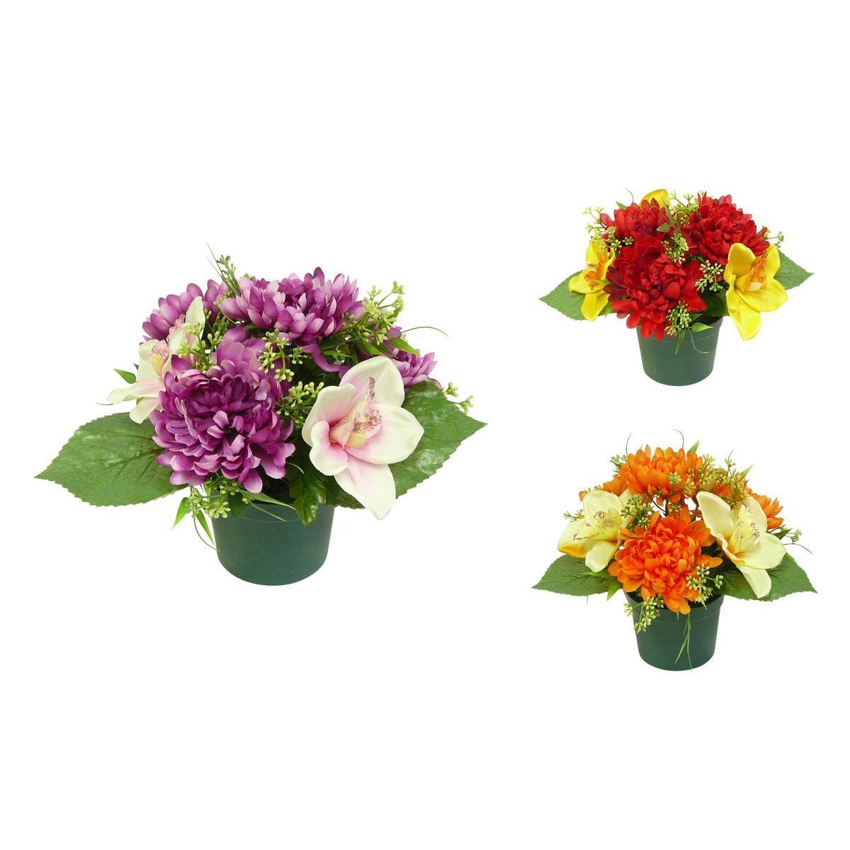 Potée de chrysanthèmes et orchidées - Plastique - Ø 12 x H 23 cm - Différents coloris