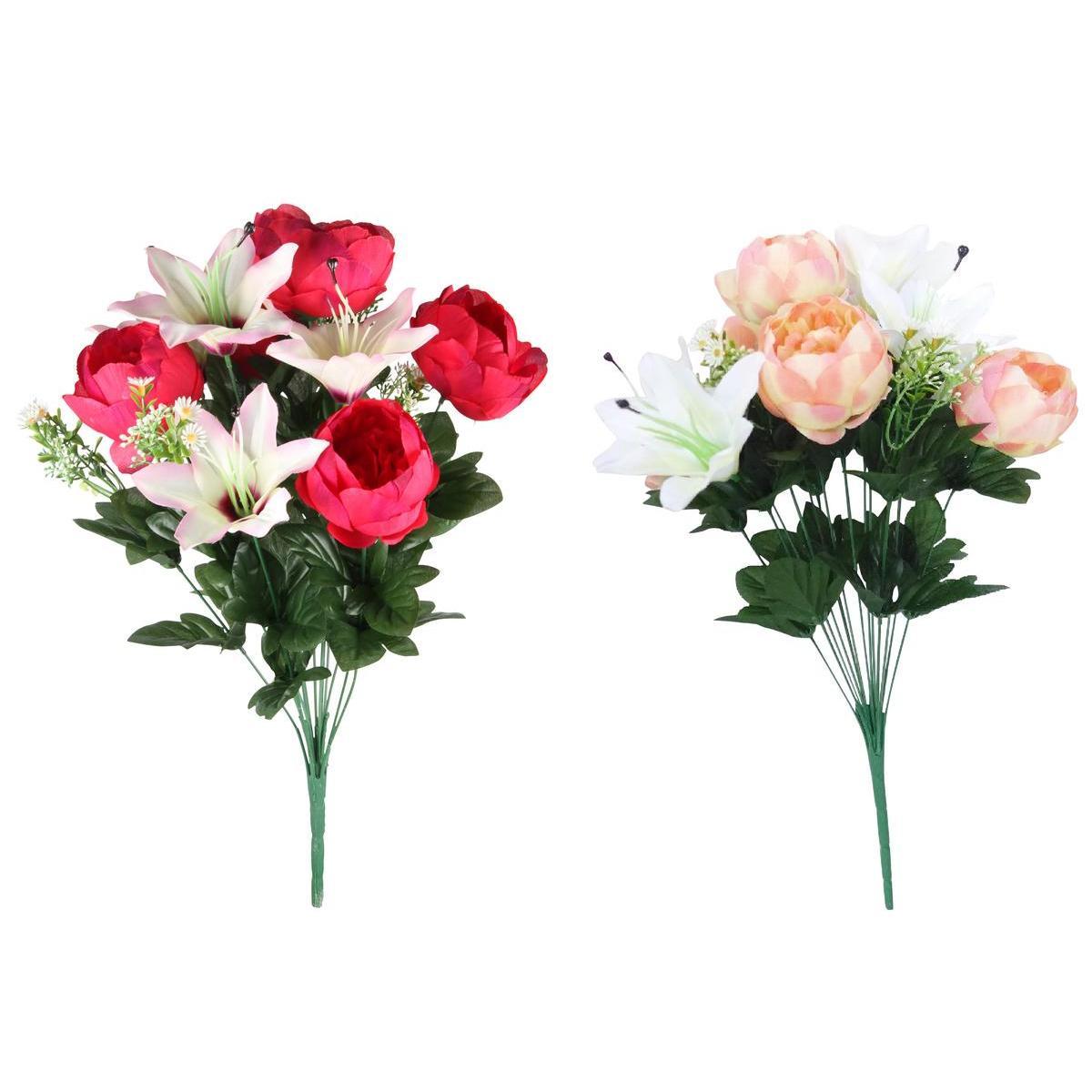 Bouquet de 5 lys et 5 pivoines - Plastique et polyester - H 53 cm - Différents coloris