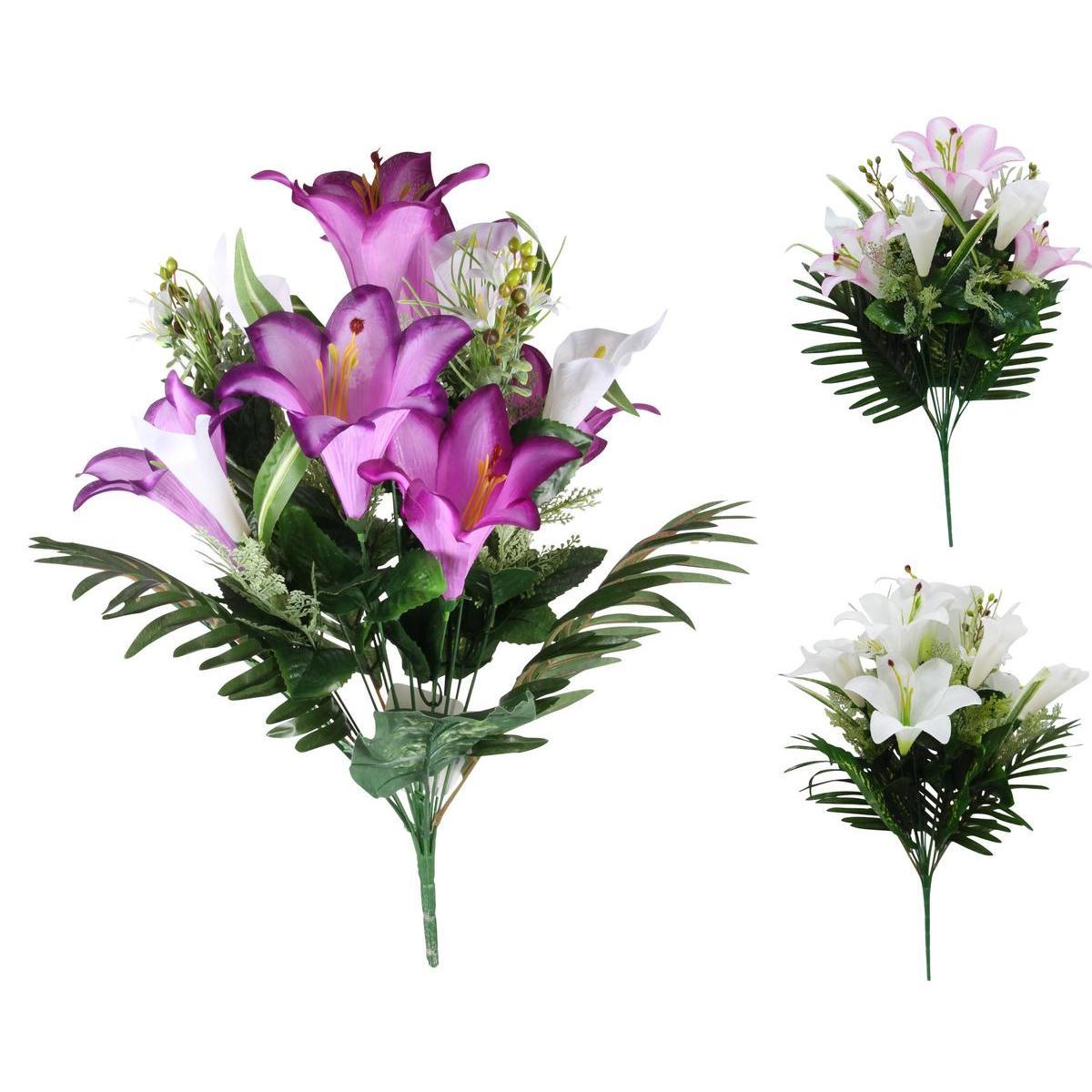 Bouquet de 6 lys et 6 arums - Plastique et polyester - H 60 cm - Différents coloris