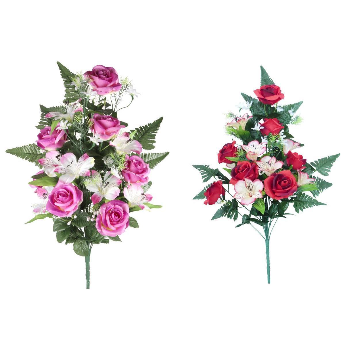 Bouquet de 7 roses et alstroemerias - Plastique et polyester - H 62 cm - Différents coloris