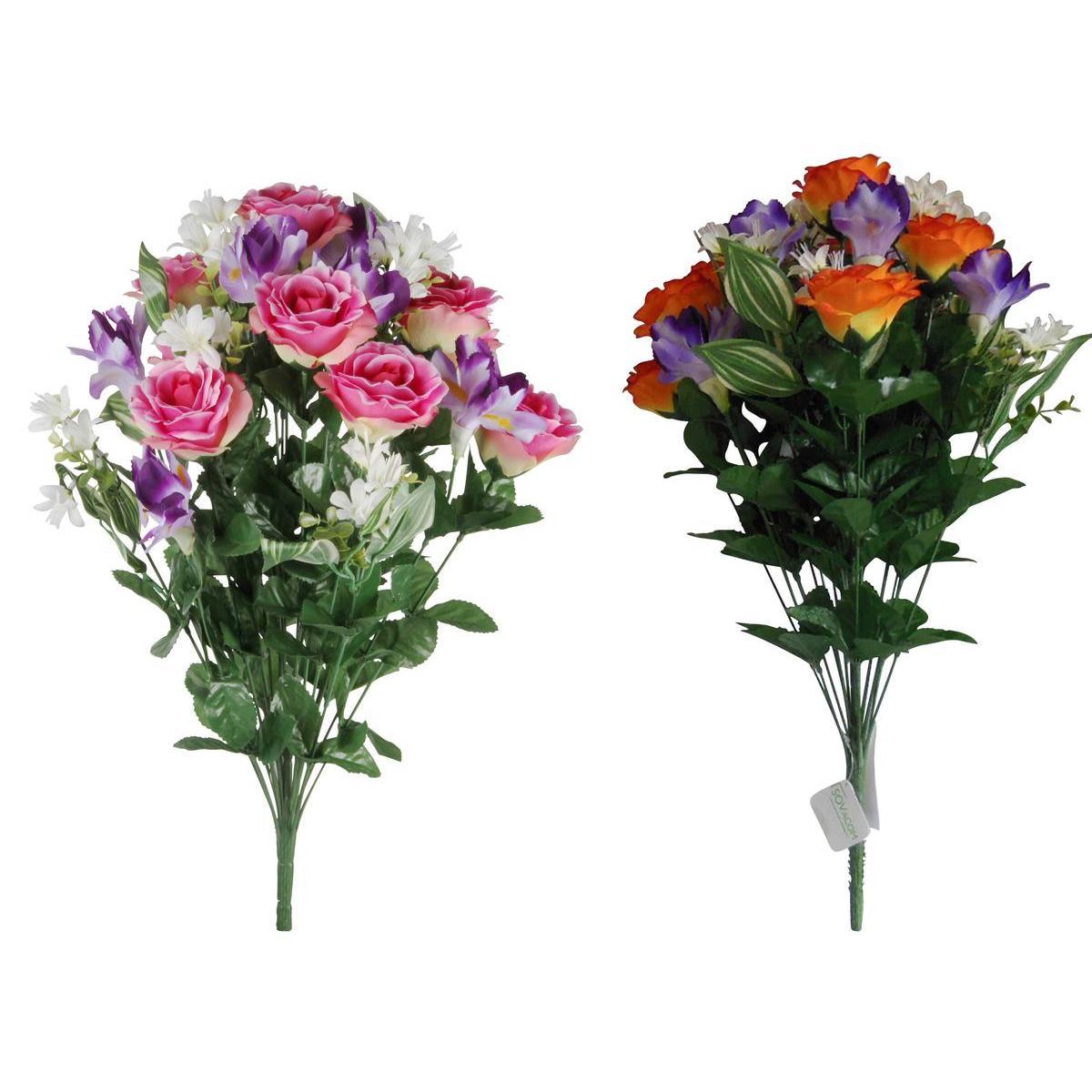 Bouquet de 9 roses et 8 iris - Plastique et polyester - H 56 cm - Différents coloris