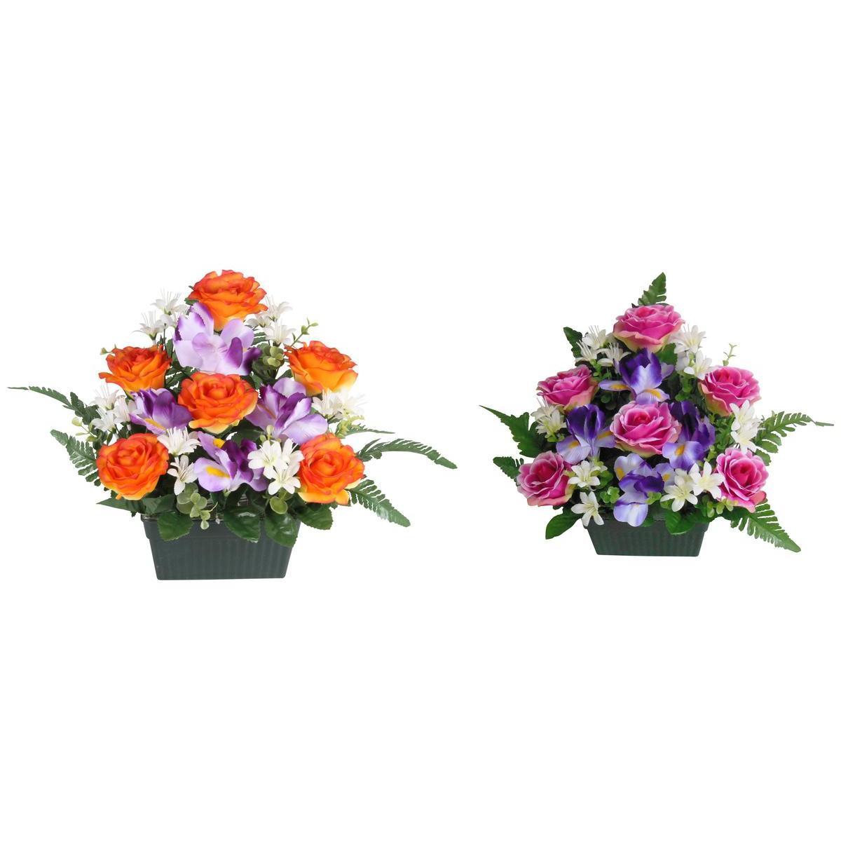 Jardinière de 6 roses et 4 iris - Plastique et polyester - 16 x 10 x H 32 cm - Différents coloris