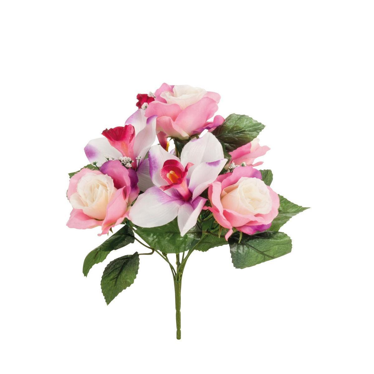 Bouquet de 7 roses et orchidées - Tissus - H 32 cm - Rose, orange ou blanc