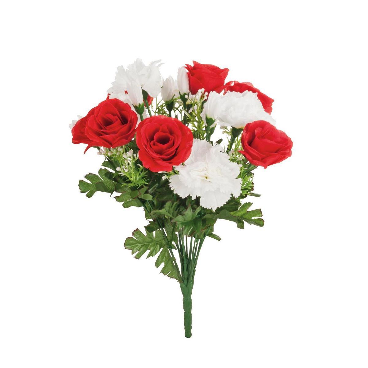 Bouquet de 18 roses et œillets - Tissus - H 42 cm - Rouge, rose ou orange