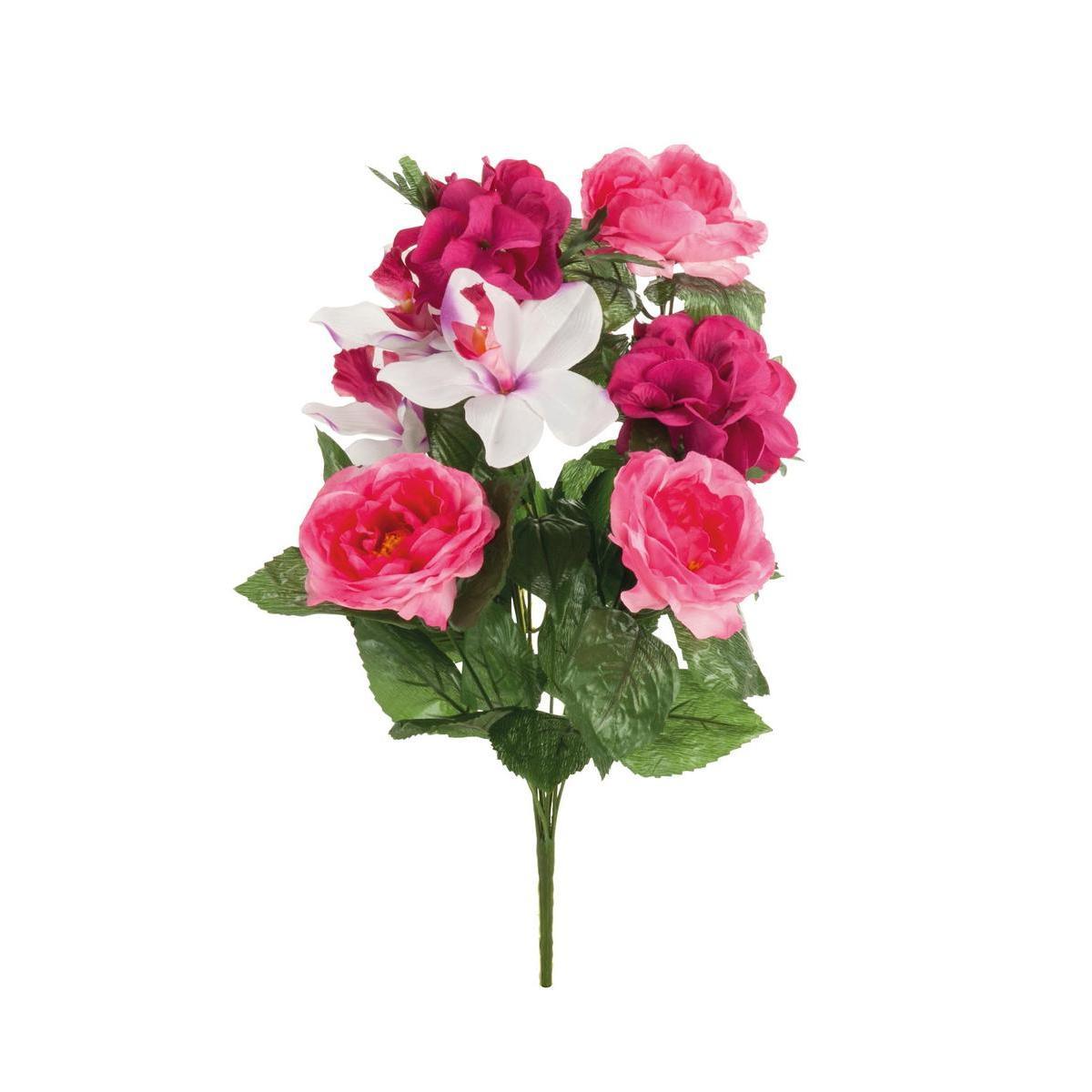 Bouquet de pivoines, orchidées et hortensias - Tissus - H 53 cm - Rouge, rose, violet et blanc