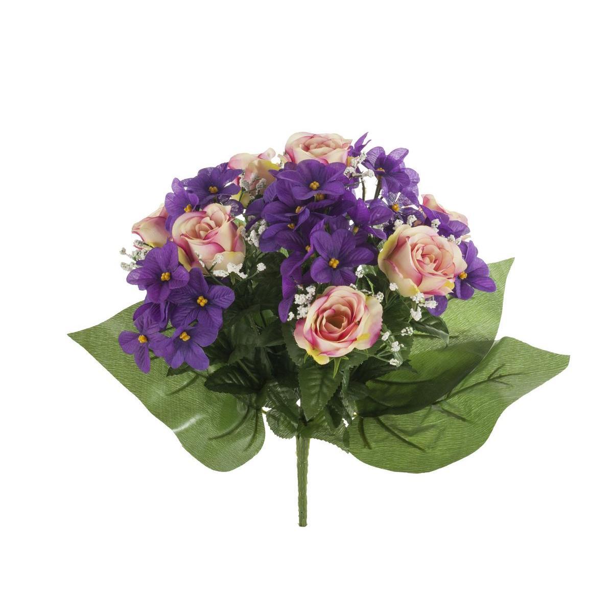 Bouquet de 14 roses et violettes - Tissus - H 36 cm - Différents coloris