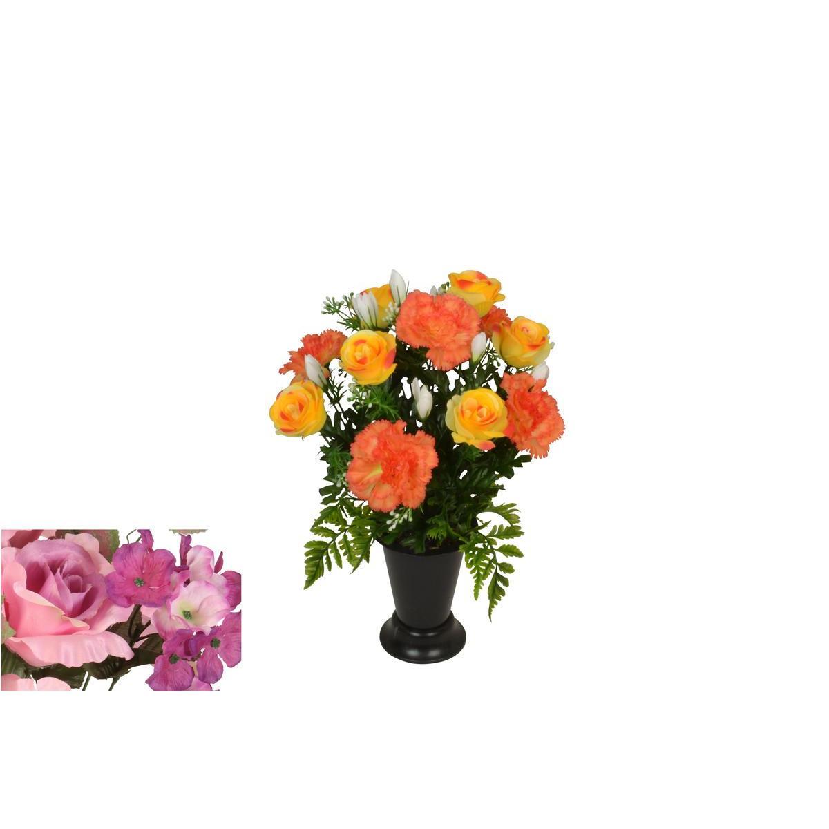 Coupe de roses, hortensias et œillets - Plastique et tissus - H 44 cm - Différends coloris