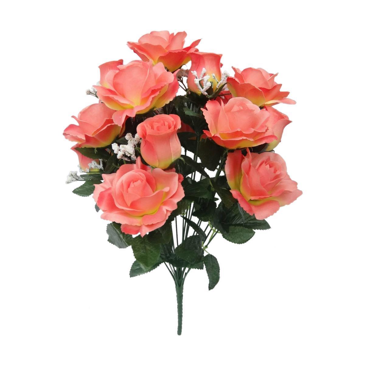 Bouquet de 18 roses ouvertes et boutons - Plastique et tissu - H 50 cm - Différents coloris