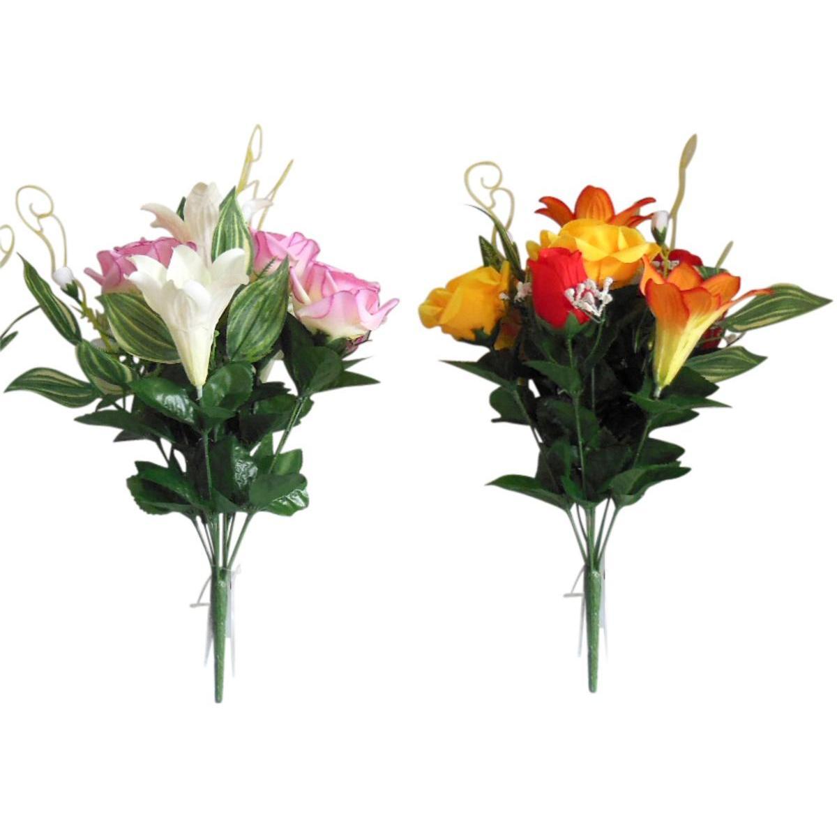 Bouquet de roses et lys - Plastique et polyester - H 37 cm - Multicolore