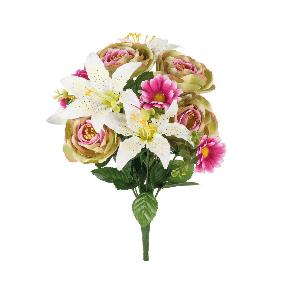 Bouquet de renoncules, lys et marguerites - Plastique et polyester - H 34 cm - Différents coloris