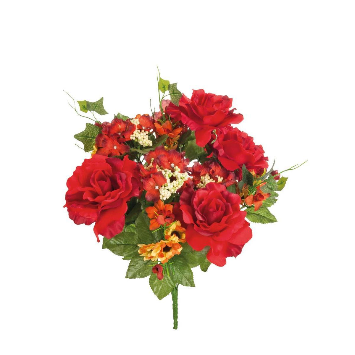 Bouquet de roses, hortensias et lierres - Plastique et polyester - H 45 cm - Différents coloris