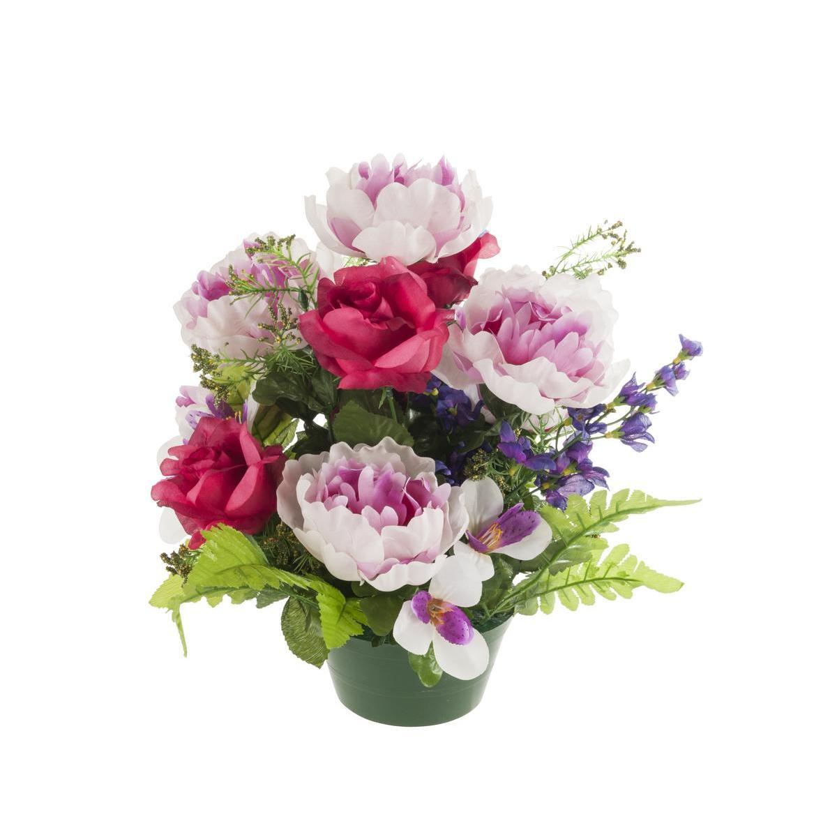 Potée de roses, pivoines et delphiniums - Plastique et polyester - 14 x H 35 cm - Différents coloris