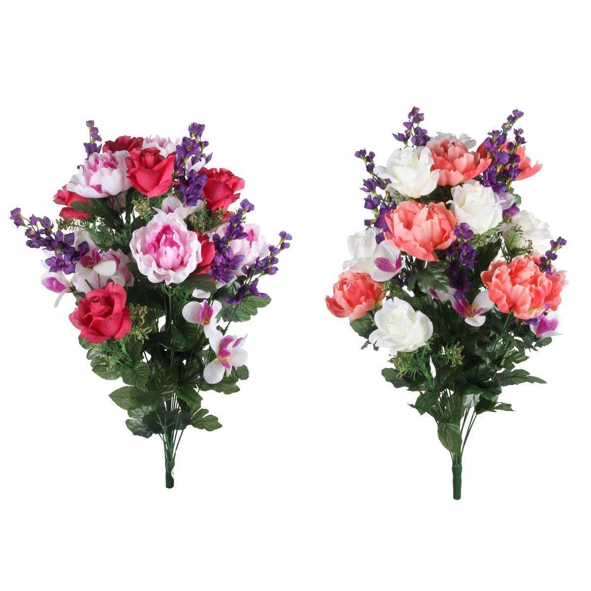 Bouquet de roses, pivoines et delphiniums - Plastique et polyester - H 66 cm - Différents coloris