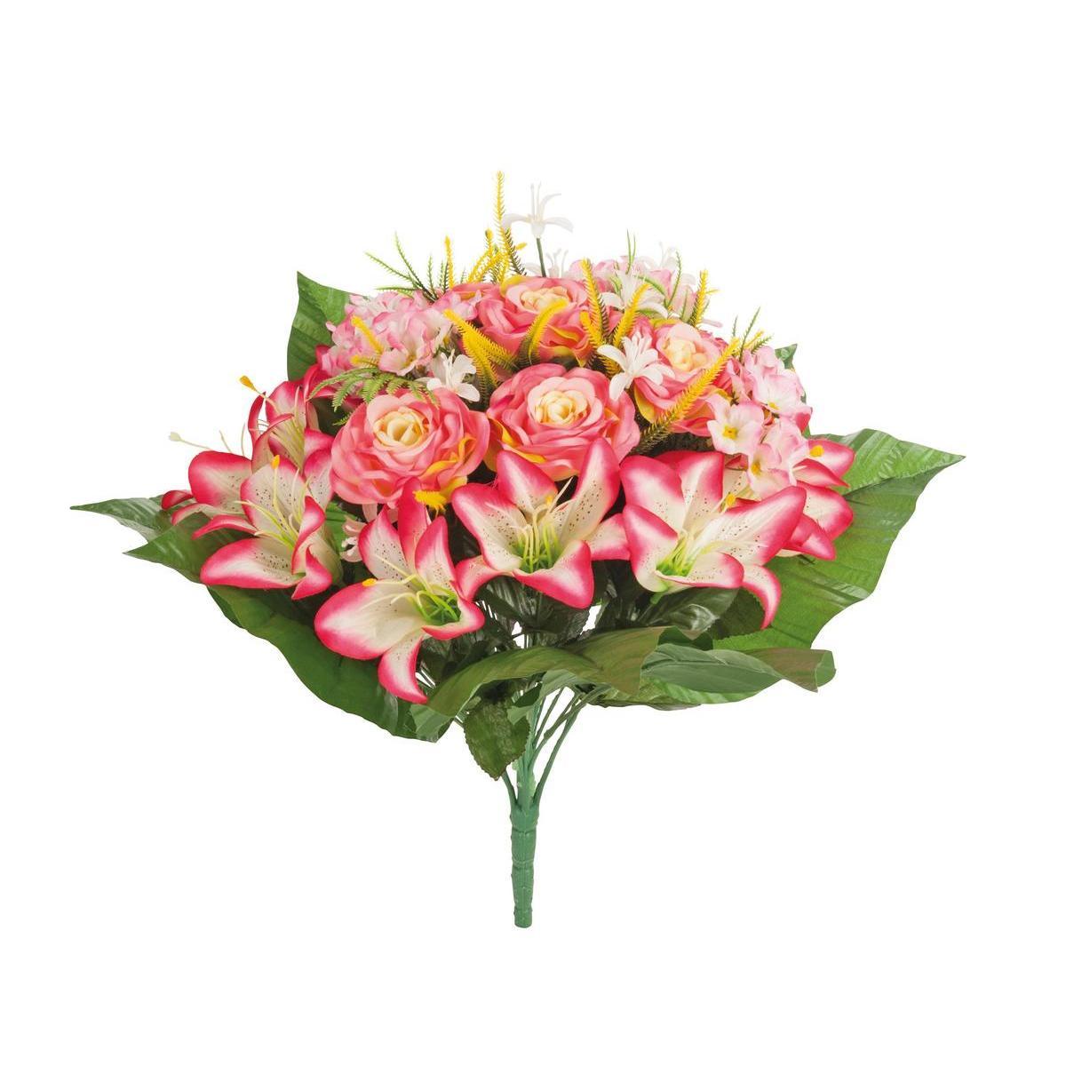 Bouquet de 12 lys et 7 roses - Plastique et polyester - H 46 cm - Différents coloris