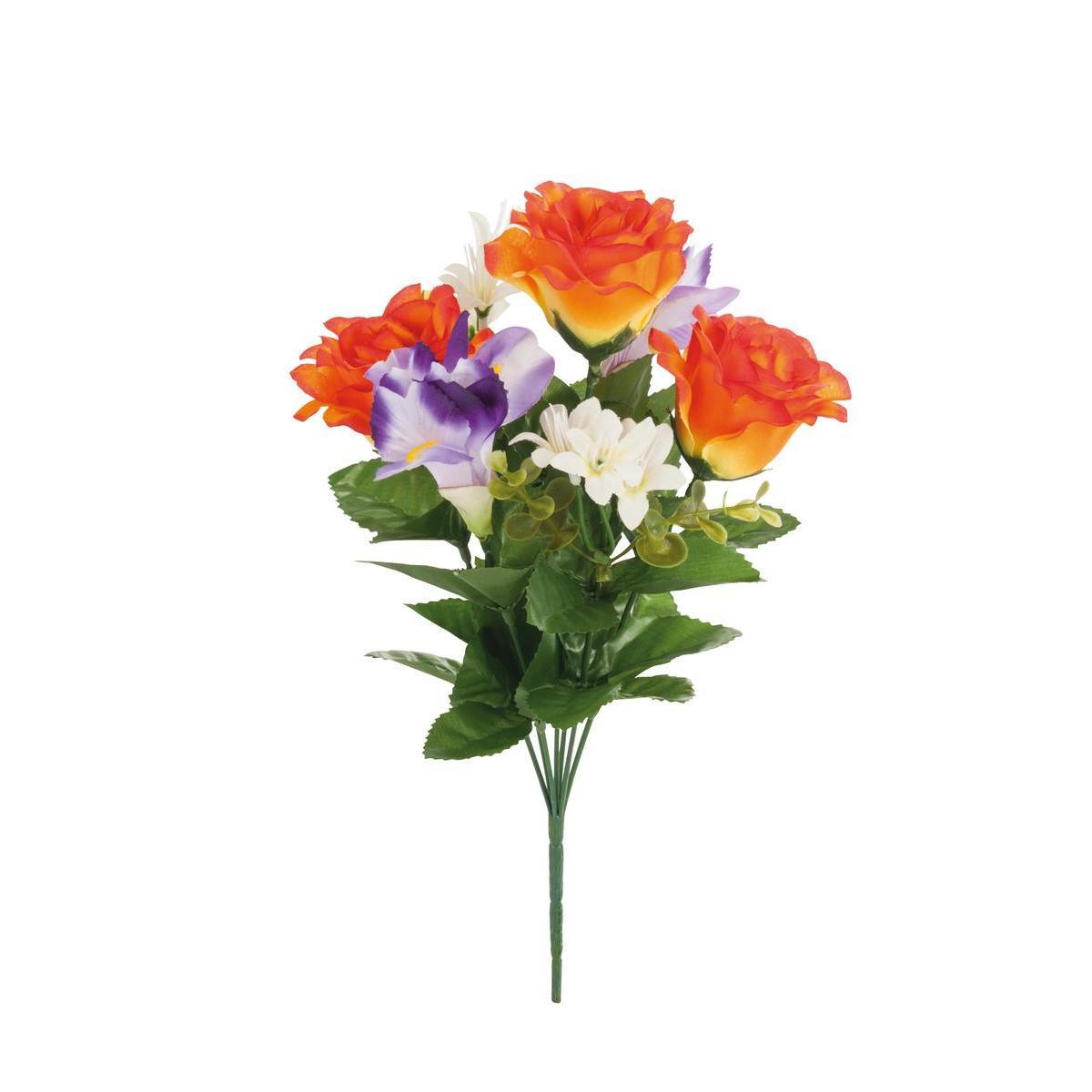 Bouquet de 3 roses et 2 iris - Plastique et polyester - H 45 cm - Différens coloris