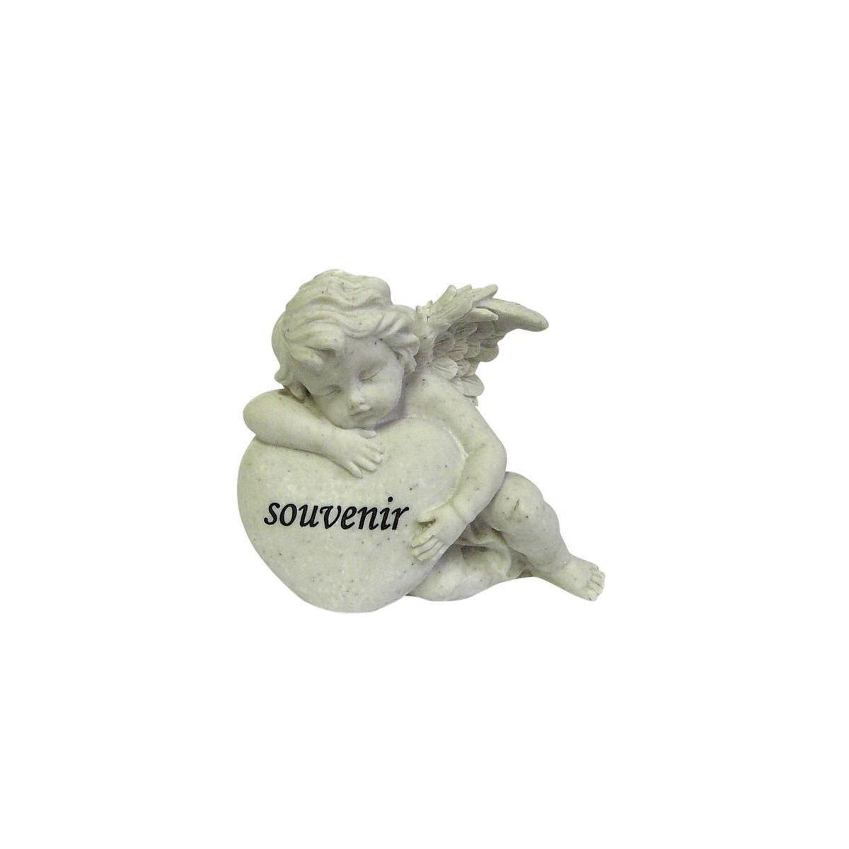 Plaque funéraire cœur ange - Polyrésine - 14 x 9 x H 11 cm - Blanc et gris