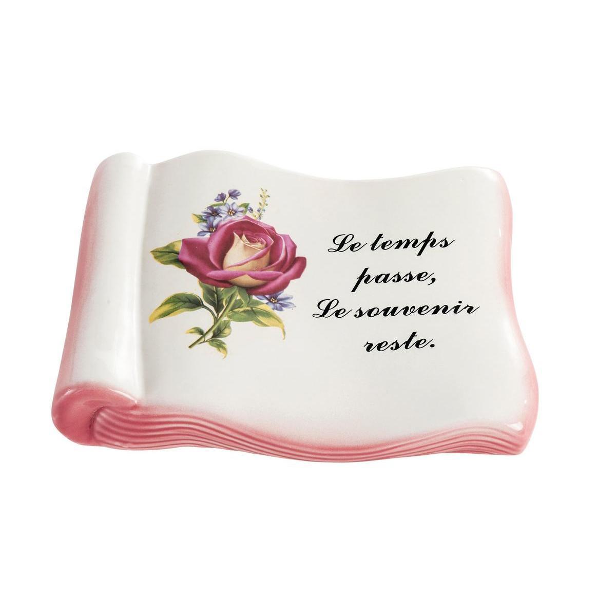 Plaque funéraire avec fleur et texte - Grès - 19,5 x H 15 cm - 2 modèles au choix