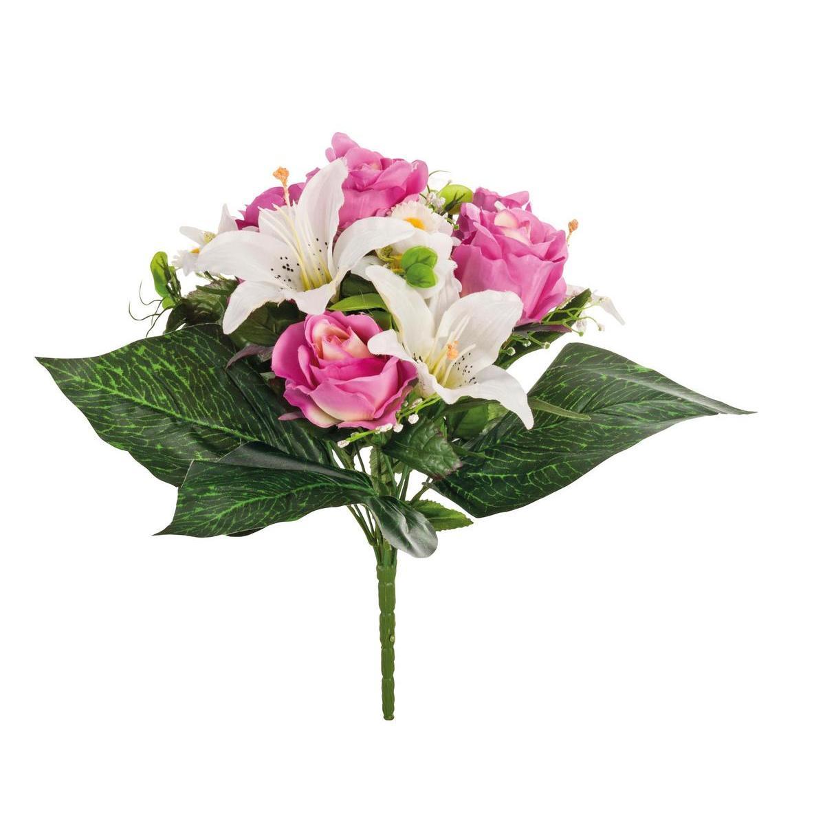 Bouquet de roses et lys - Polyester - H 38 cm - Différents coloris