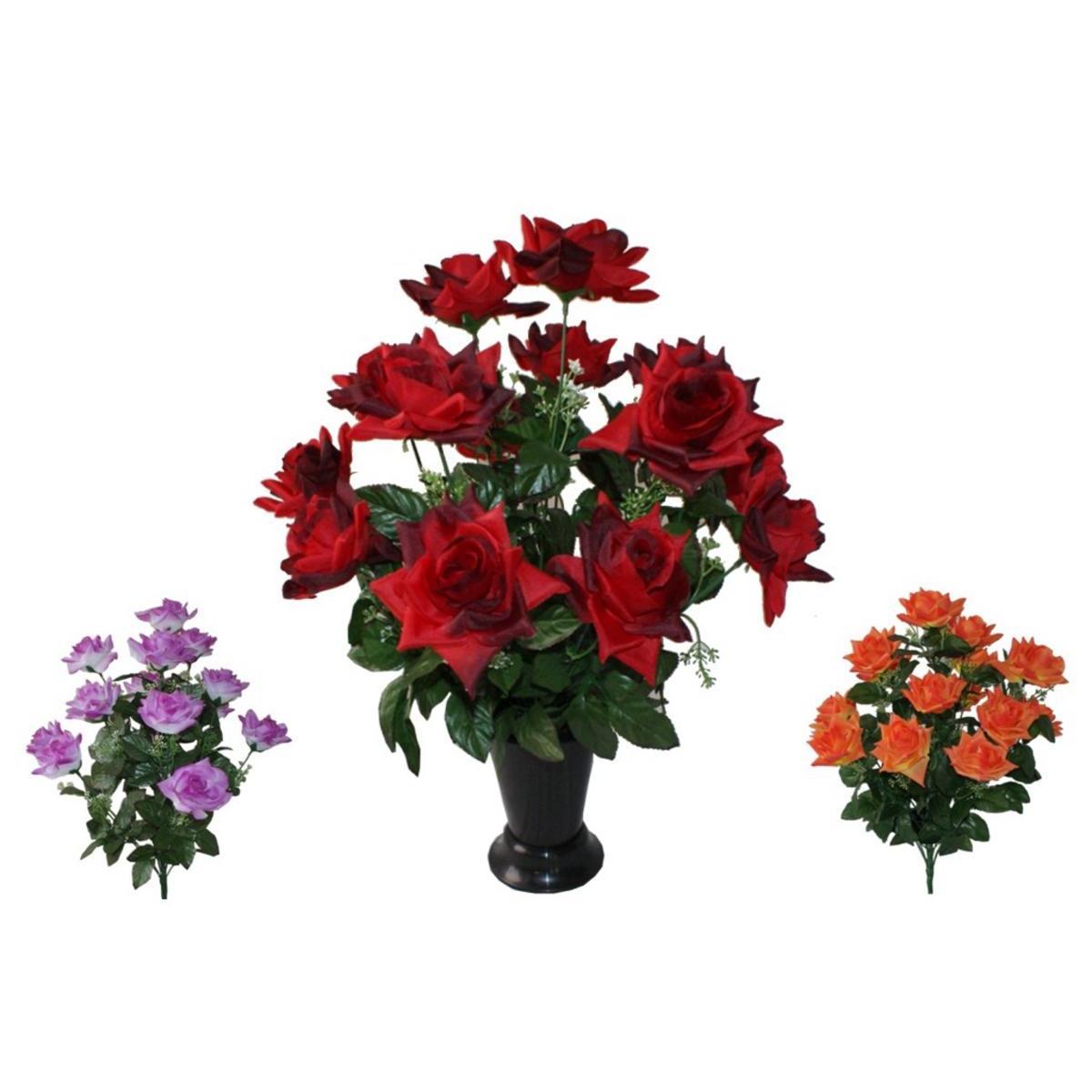 Vase funéraire 14 roses ouvertes - Polyester, PVC et béton - H 53 cm - Rouge, orange ou violet