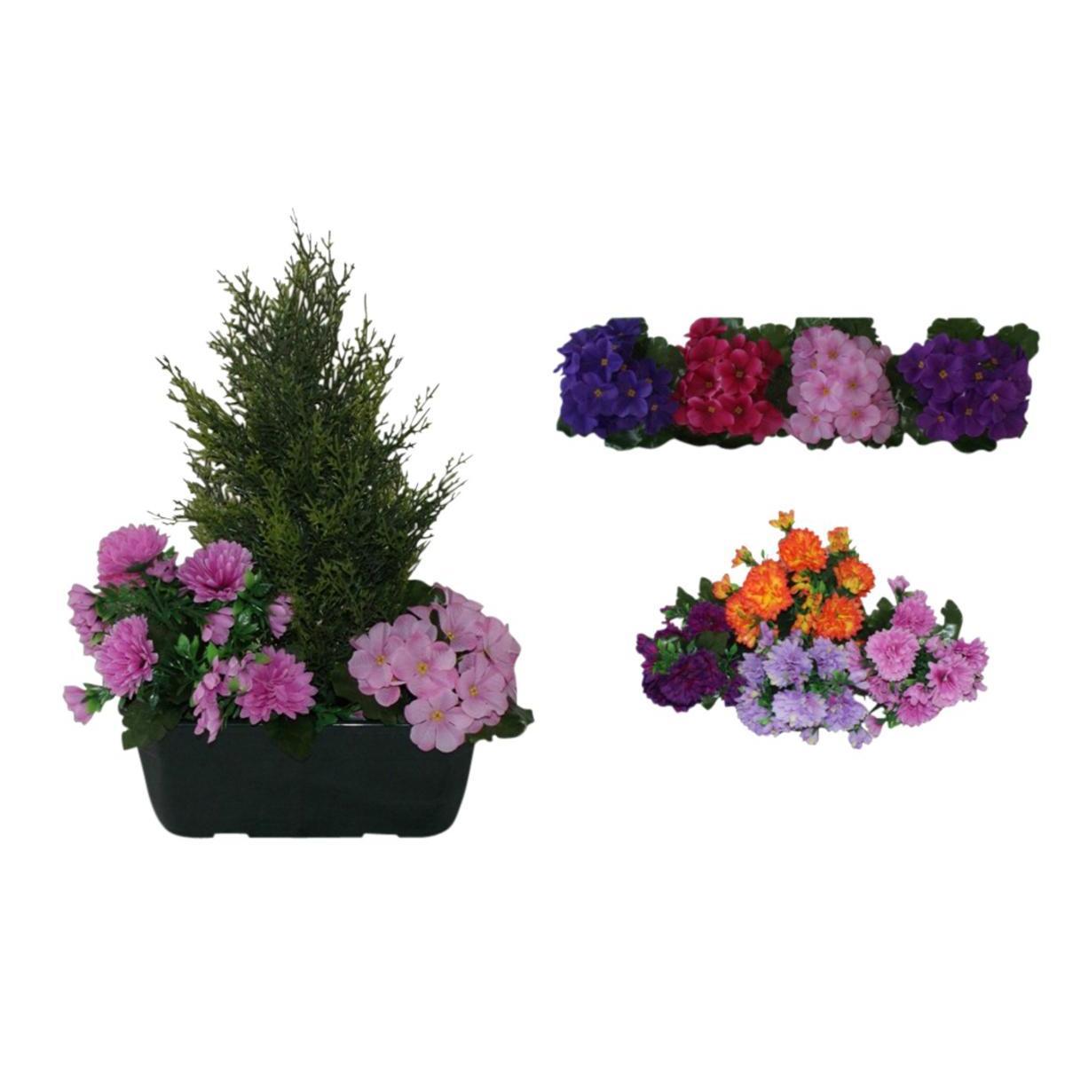 Jardinière de cyprès et chrysanthèmes - Polyester, PVC et béton - H 40 cm - Différents coloris