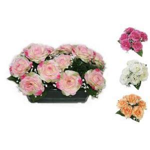 Jardinière de 14 roses ouvertes - Polyester, PVC et béton - H 27 cm - Rose, blanc ou orange